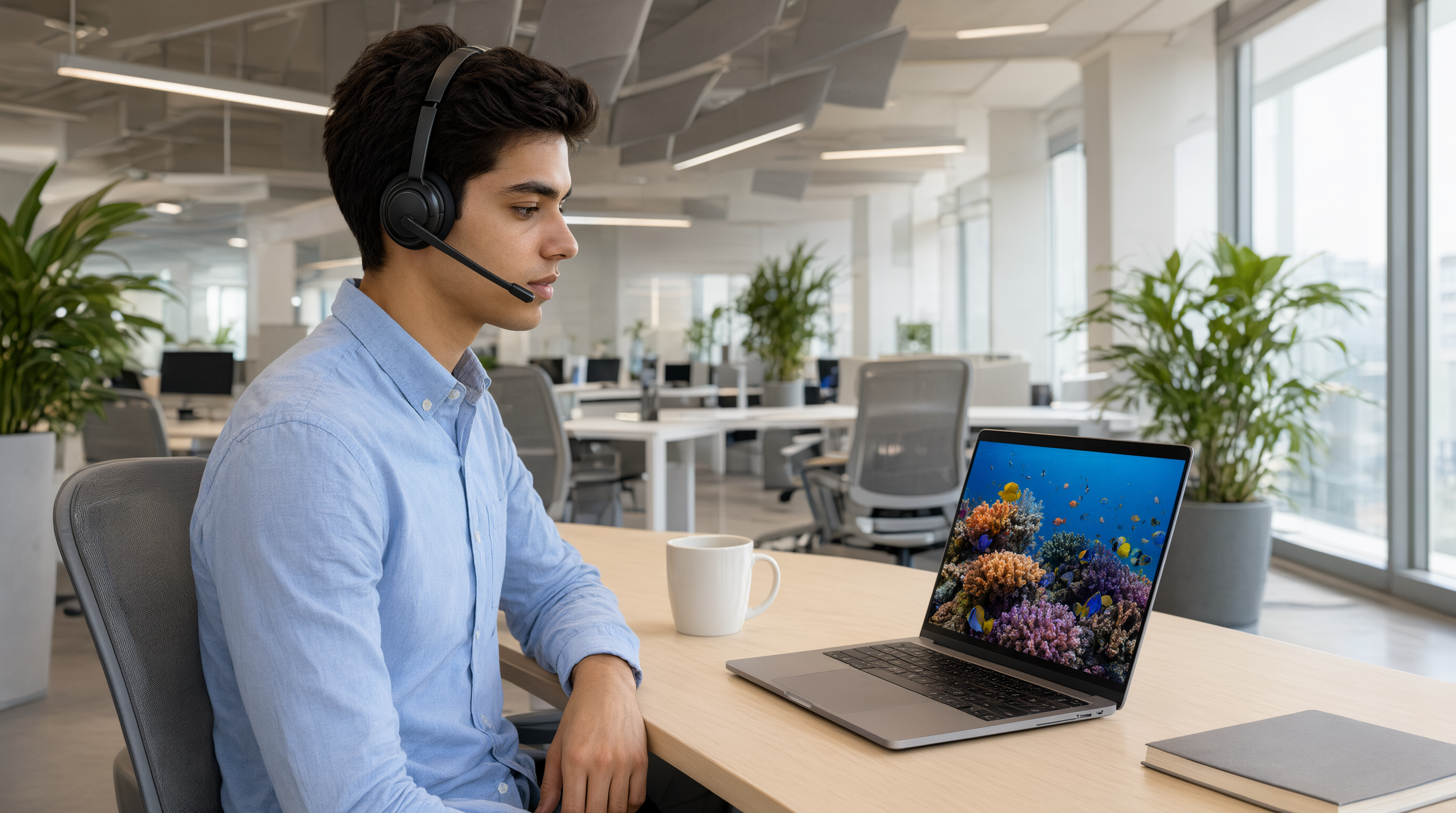 A customer support agent wearing a headset studying a screen recording on a laptop in a modern office.