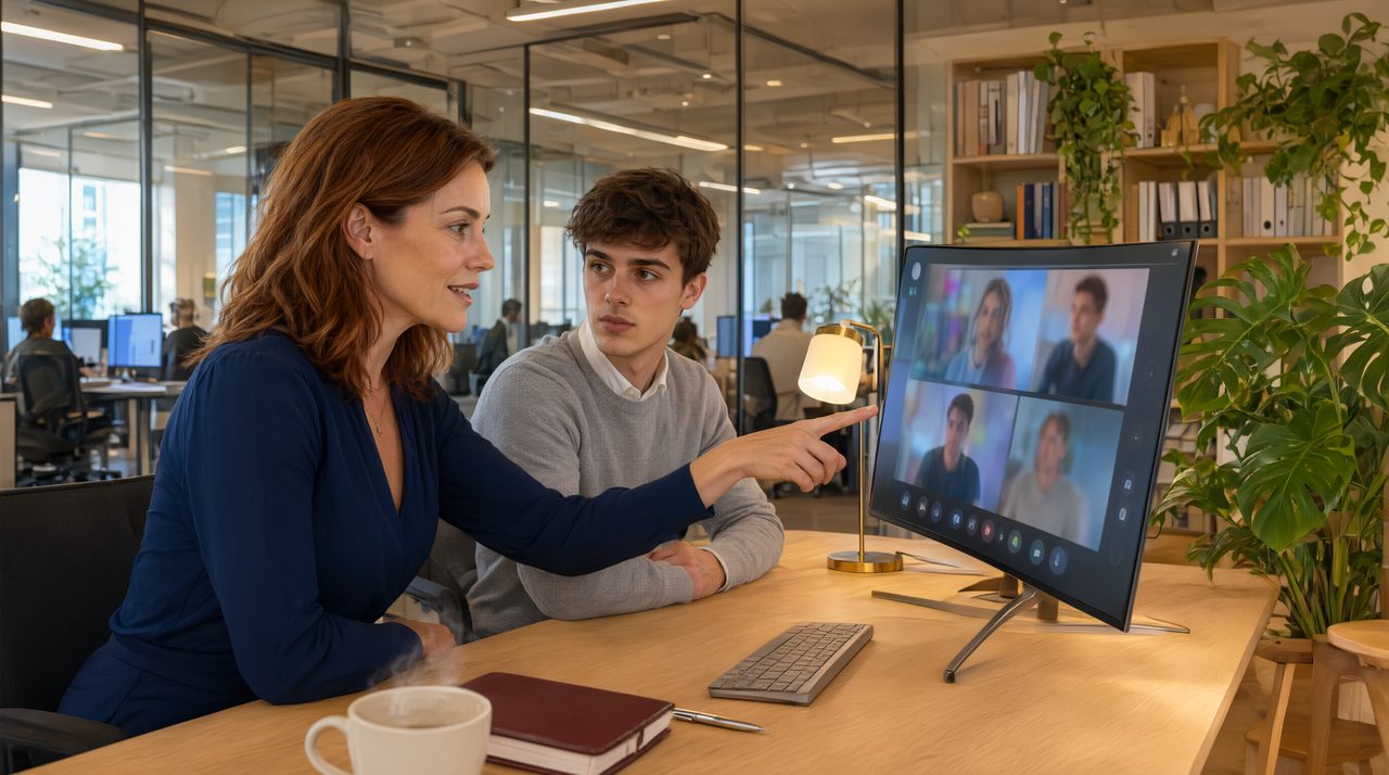A support team mentor training a new agent by reviewing customer screen recordings together on a large monitor.