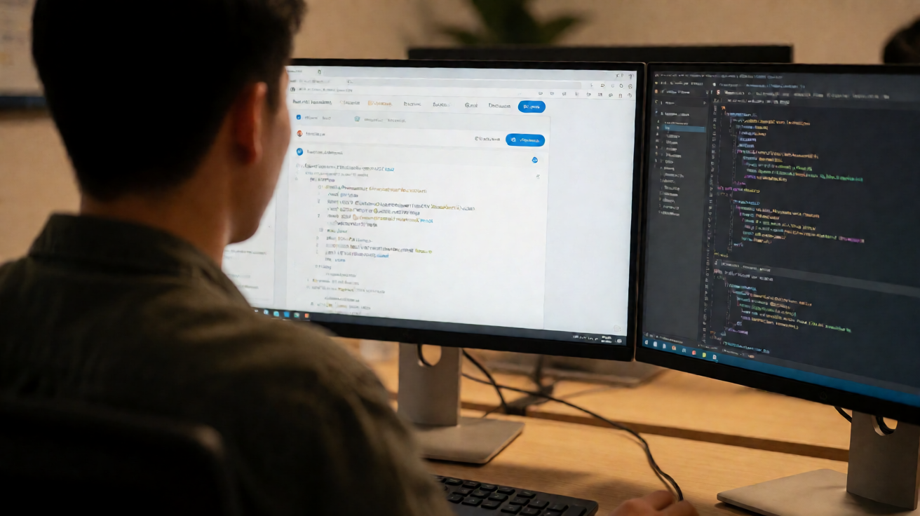 Developer watching a screen recording of a bug on one monitor while fixing code on another.