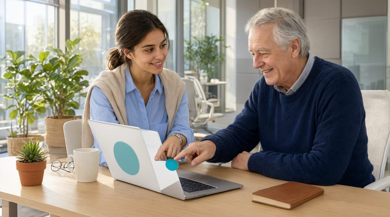 A support agent helping a customer record their screen by clicking a single link on a laptop.